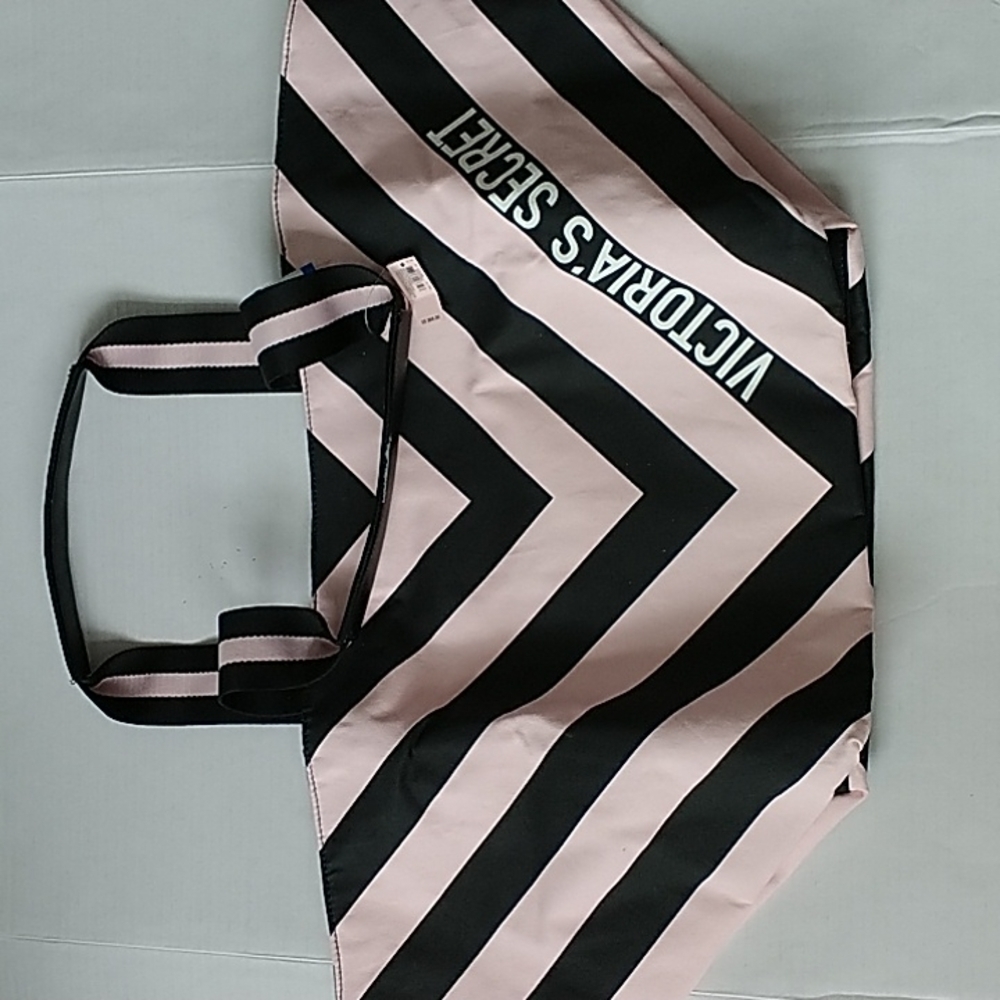 Victoria's Secret V Striped Limited Edition Pink/Black Weekender Tote Bag - Picture 4 of 11